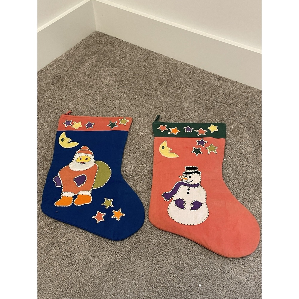 Christmas Stockings Snowman & Santa Rustic Country Moon Stars Appliqué‎ Set of 2